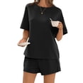 thumbnail image 4 of Short Sleeved 2 Pieces Waffle Knit Set Casual .loose Tops and Shorts Pants Lounge Sets, 4 of 6