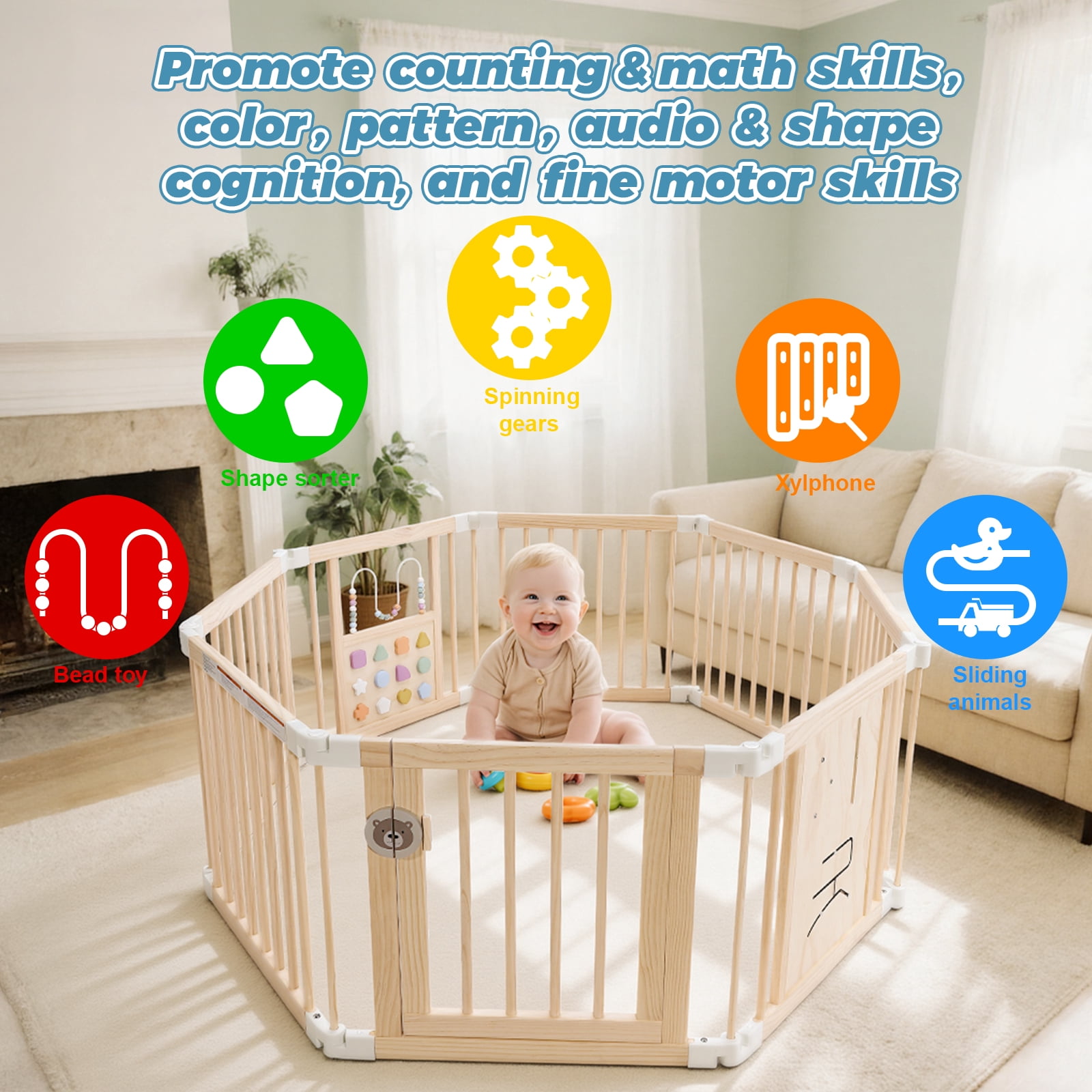 Wooden Baby Playpen with Mat, Activity Center with Gate and 2 Busy Board, Thickened Wood Adjustable Play Yard