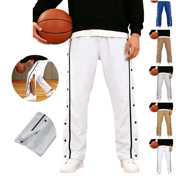 Gamivast Tearaway Basketball Pants for Men with Snap Button Sides Elastic Drawstring Waist Relaxed Straight Leg Athletic Warm Up Pants for Training Gym Sports and Casual Wear White M