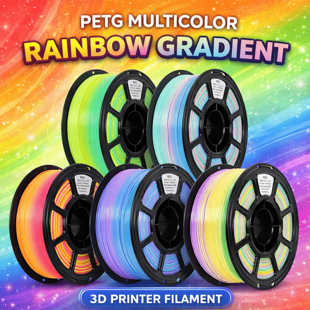 Brakzilon Rainbow PETG Filament 1.75mm Multicolor 3D Printer Filament Color Change Gradient FDM Filament 1kg Spool for DIY Printing