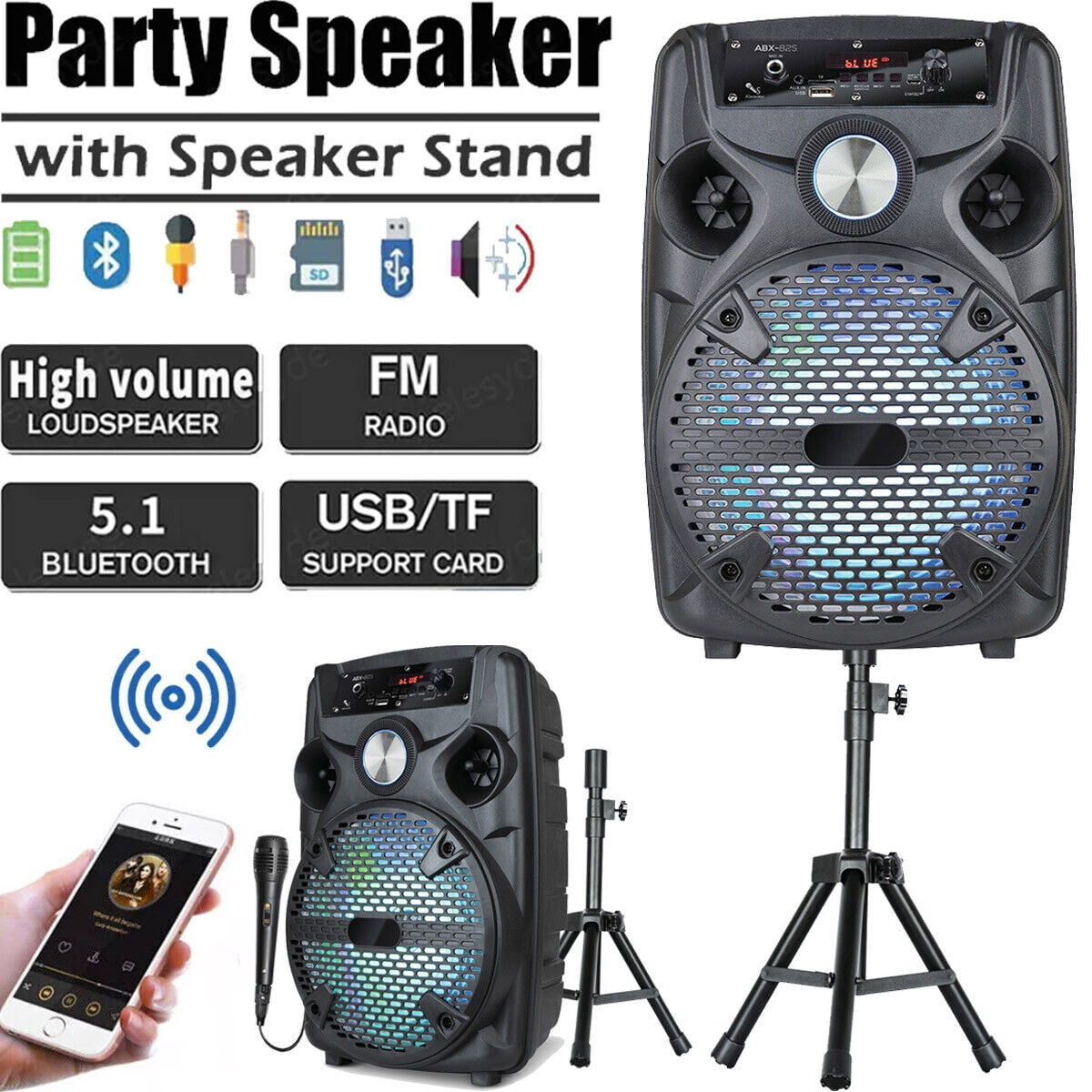 1100W 8" Portable Party Bluetooth Speaker with Tripod Stand Woofer Heavy Bass PA Party Sound System LED Mic AUX USB FM TF Wireless Speaker