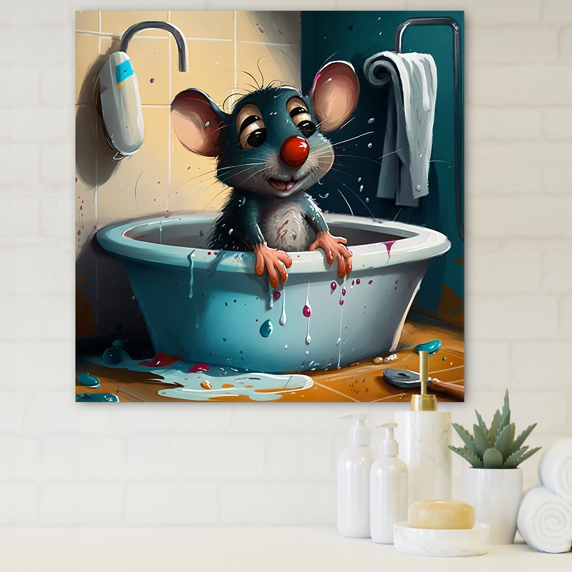 Designart Cute Mouse Taking A Bath Canvas Wall Art
