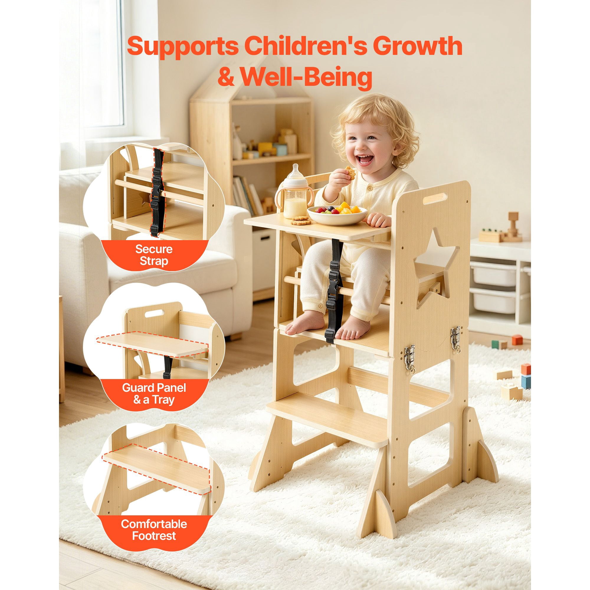Toddler Tower, Wooden, 6 in 1 Kitchen Step Stool for Kids 1-5, Montessori Weaning Table and Chair Set, Learning Standing Tower with Blackboard & Feeding Tray, for Bathroom and Kitchen Counter