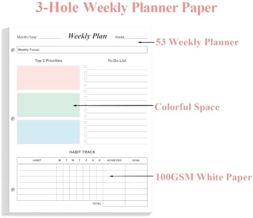 3-Hole Weekly Planner Refills - 53 Sheets/106 Pages Colorful Weekly Planner for 3 Ring Binders, 100 gsm White Paper, Lasts 1 Year, Undated, 8.5'' x 11''