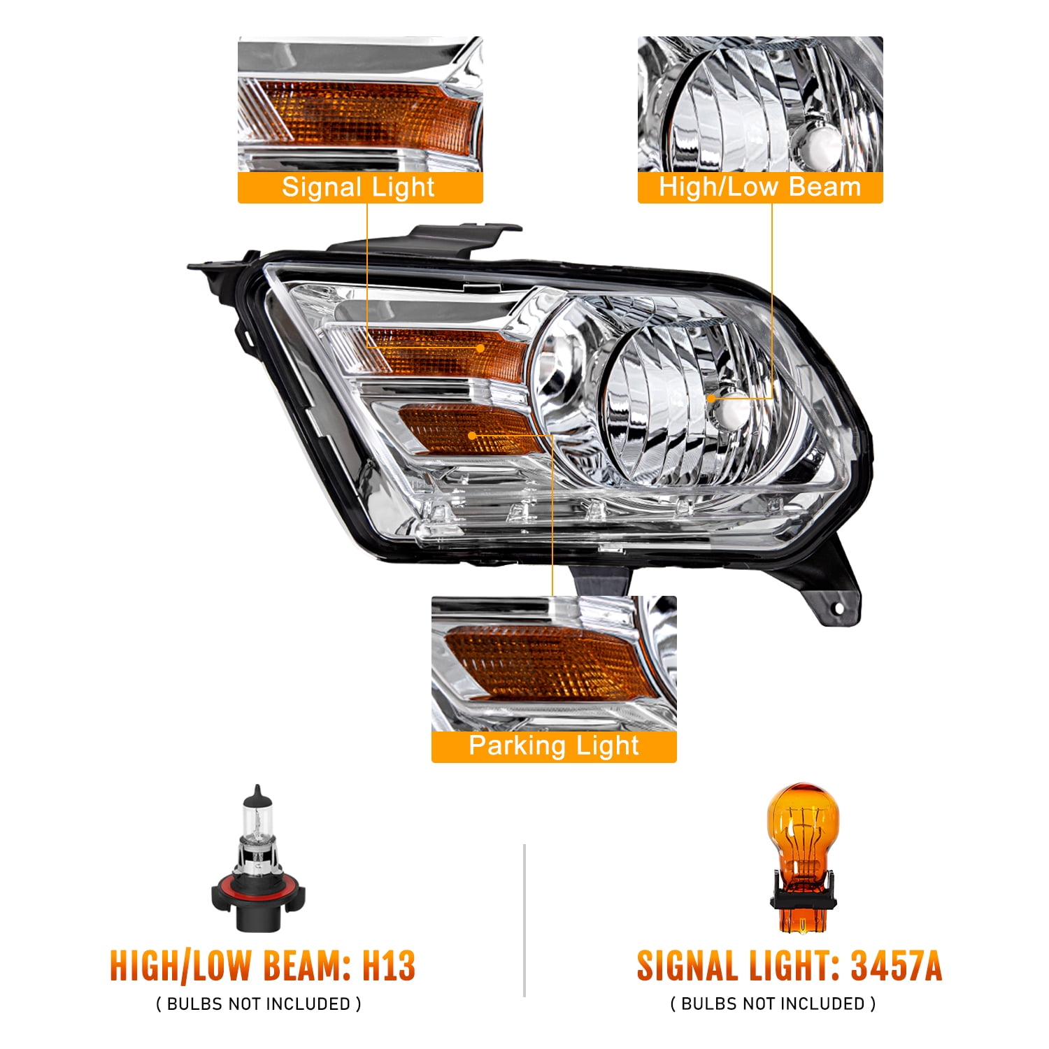 For 2010 2011 2012 2013 2014 Ford Mustang Halogen Type Headlight Headlamp Pair