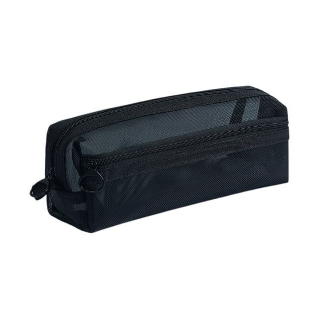 Estuche para lápices de malla transparente de doble capa para estudiantes y oficina. Bolsa de almacenamiento de artículos de papelería de nailon semitransparente con compartimentos de doble