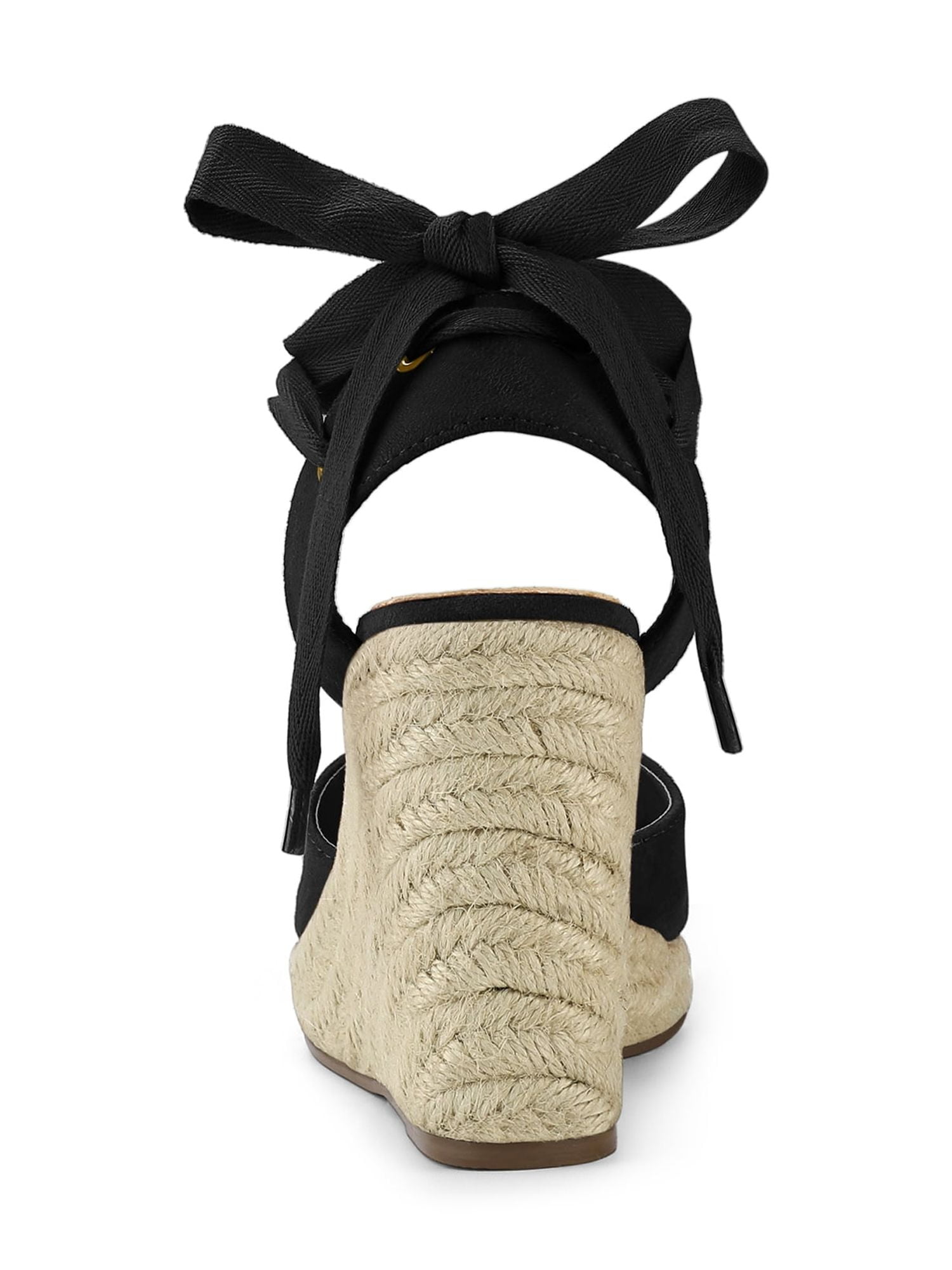 Unique Bargains Women's Espadrille Lace up Wedge Heel Sandals Black (Size 8.5)