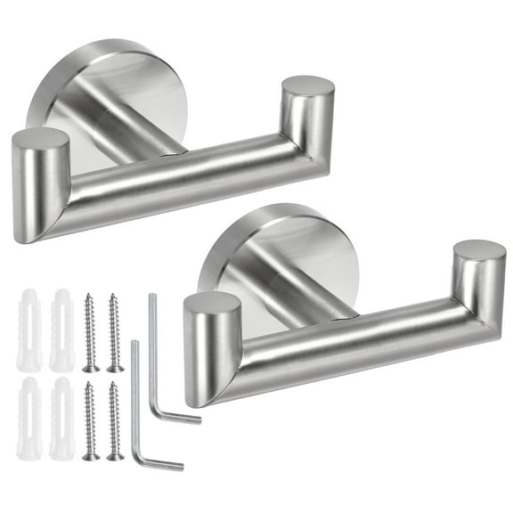 2pcs Double Towel Hook, Stainless Steel Coat Hook, Wall Mount Robe Hooks Hand Towel Hanger Brushed Silver