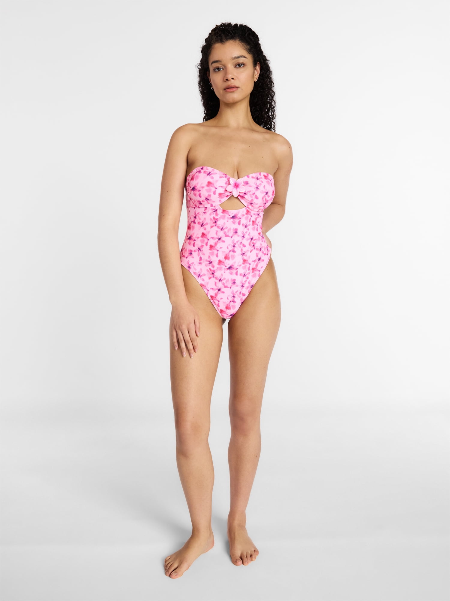 No Boundaries Floral Cut Out Bandeau One Piece Swimsuit, Women's XXS -XXL
