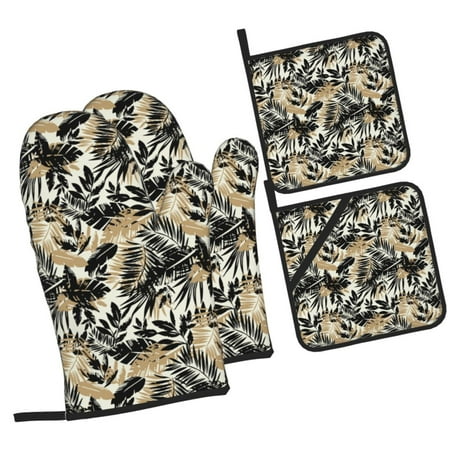 

Balery Black Palm Leaves Pattern Oven Mitts and Pot Holders 4 pcs Set Kitchen Oven Glove High Heat Resistant 500℉ Oven Mitts with Non-Slip Silicone Surface