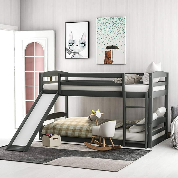 Twin Bunk Beds With Slide For Kids Low, Space Saving Twin Bunk Beds