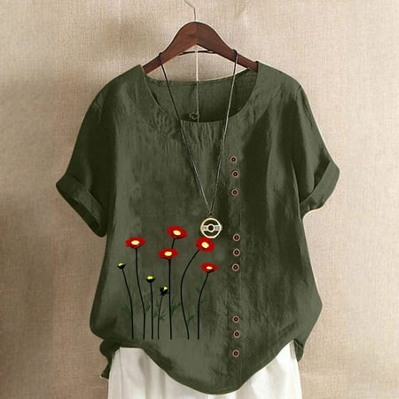 QUNYINEY Short Sleeve Womens Shirts Floral Casual Crew Neck Pullover Tops Loose Linen Button Spring Tops for Women