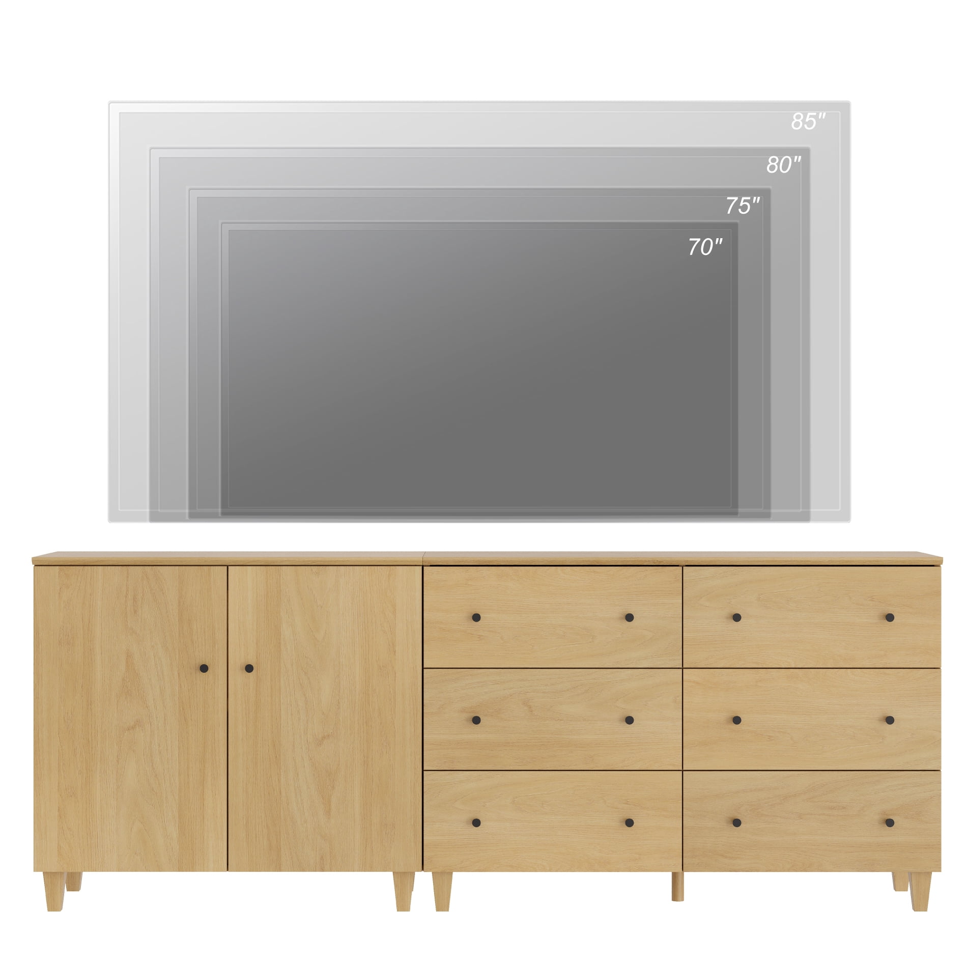 WAMPAT Wide TV Stand for 85+ Inches TVs, 2-in-1 Modern Wooden Media Console with 6 Spacious Drawers and 1 Storage Cabinet for Living Room, Oak