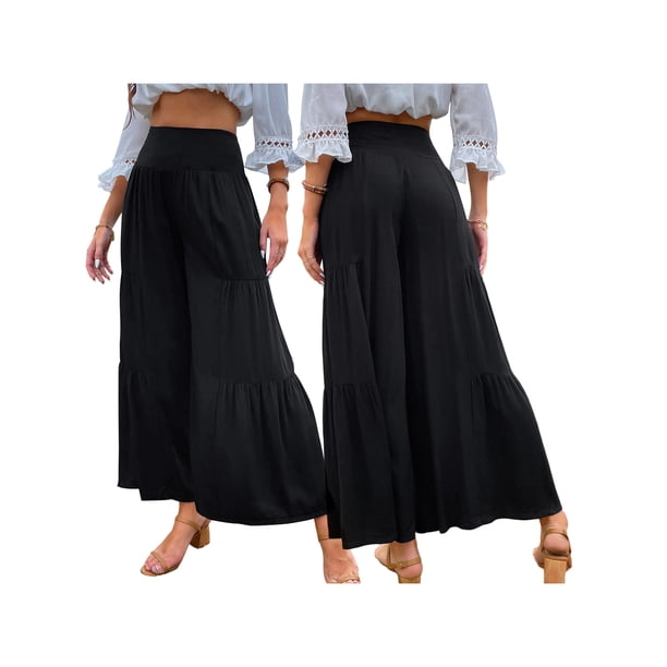 SAYOO Pantalones de Pierna Ancha para Mujer, Pantalones Plisados Sueltos Casuales de Color Sólido de Cintura Alta, Caqui/Negro/Verde Claro SAYOO Casual