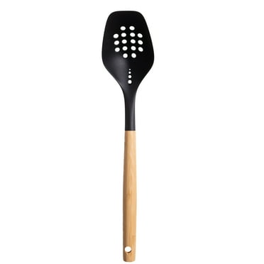 Mainstays Nylon Slotted Cooking Spoon with Bamboo Handle, 12.6"×2.7", Nylon & Bamboo, Black