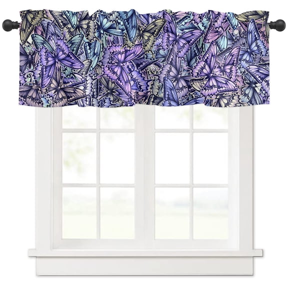 Hokiten Rod Pocket Curtain Valance, Purple Blue Teal Butterfly Farmhouse Window Valance for Living Room, Bedroom, Kitchen Modern Abstract Art 42"W x 12"L