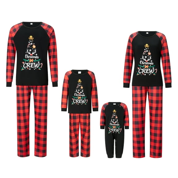 Elippeo Christmas Family Pajamas Matching Set Letter Print Long Sleeve Tops and Plaid Pants Sleepwear