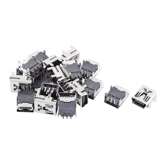 Unique Bargains 20 Pcs Mini Prise USB Type B Femelle 5 Broches Angle Droit Connecteur de Prise Plongeante. Idéal pour Accessoires d'Ordinateur, Doté d'Un port USB Type B Femelle avec 5 Broches, Conception d'Angle Droit à 90 Degrés, et Montage sur Carte PCB. Fabriqué en Plastique, Métal et Pièces Électriques, avec des dimensions de 9 x 8 x 4 mm et un Espacement des Broches de 1,5 mm. Comprend 20 Connecteurs en Ton Argent et Noir.