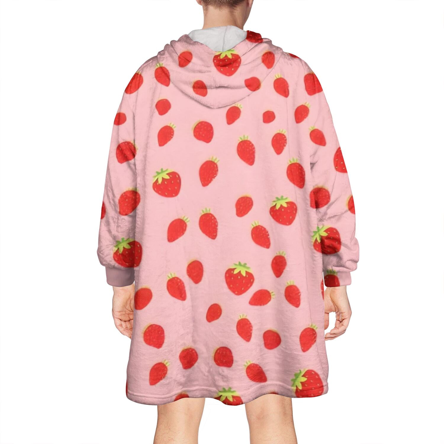 Red Strawberry Plants Fruit Pink Pattern Wearable Oversized Blanket,Wearable Blanket Hoodie for Adults,Cozy Hooded Blankets with Super Pockets,Super Warm Fuzzy Pullover for Women & Men