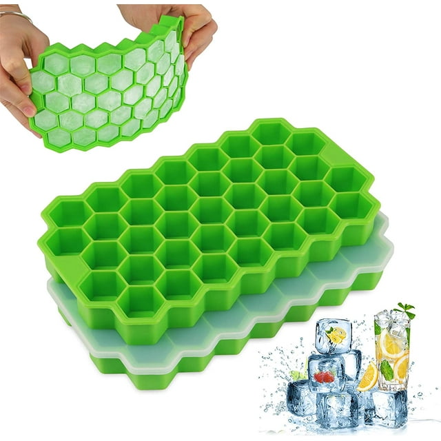 Ice Cube Trays 2 Pack, Silicone Ice Cube Molds with Removable Lid, Stackable Flexible and Dishwasher Safe Free with Ice Cube Molds for Chilled Drinks, Whiskey & Cocktails