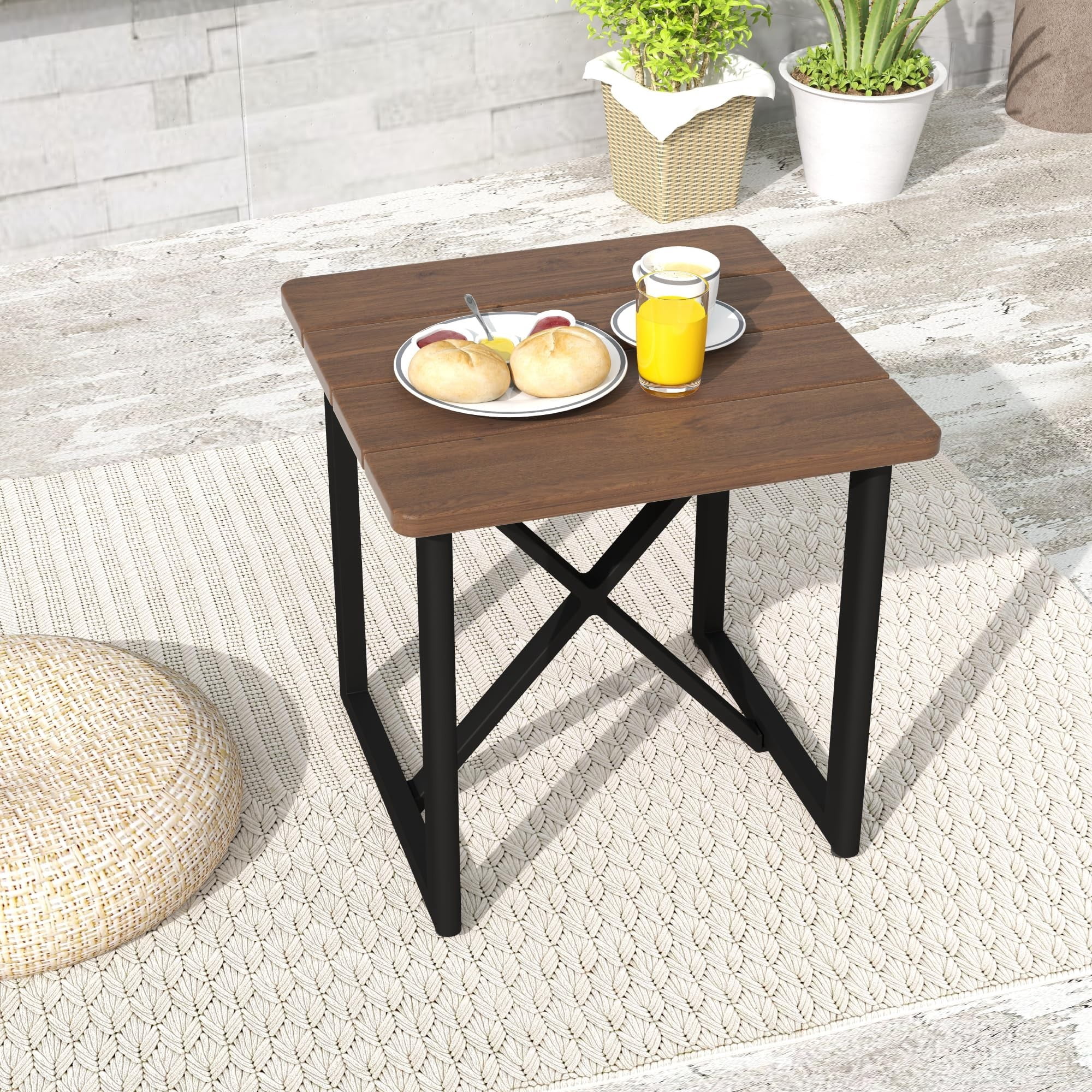 Aluminum Outdoor Patio Side Table with Acacia Wood Top, Square End Table, Weather-Resistant Small Table for Garden, Balcony, Lawn