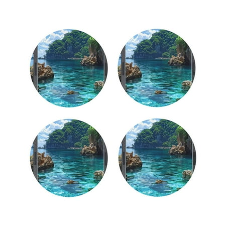 

Leather Coasters with Heat-resistant for Drinks Tropical Paradise Window View -标题2 Round Shape