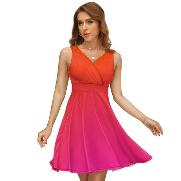 Redish Pink Gradient Sleeveless Dress Women Summer Evening Dresses Ladies Sundress