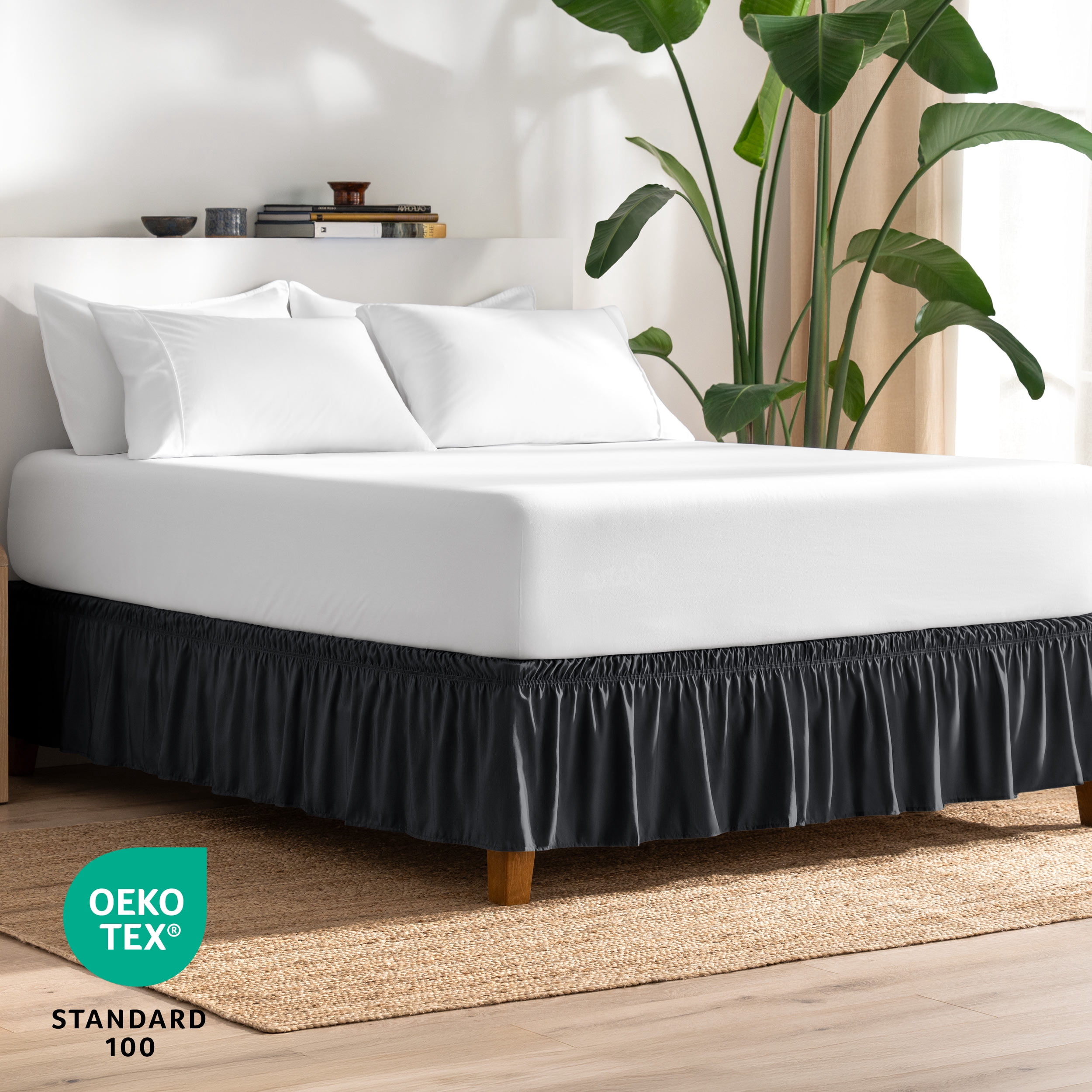 Bare Home Adjustable Wrap Around Bed Skirt - 15 Inch Drop - Easy Fit - Ruffle Pleats - Twin XL, Black