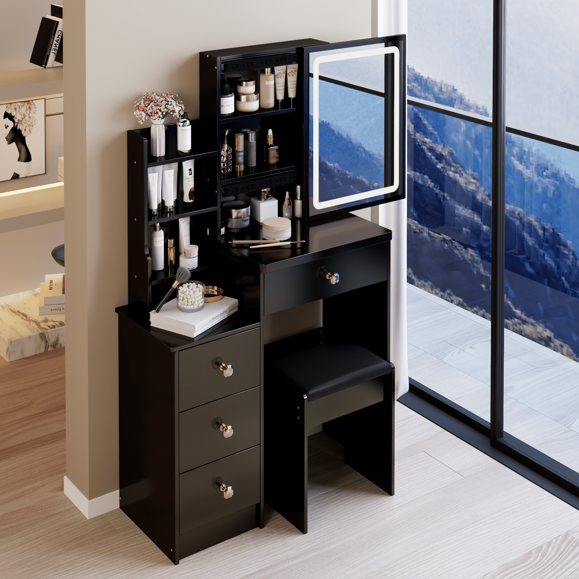 29.2" Small Size Left Bedside Cabinet Vanity Table + Cushioned Stool, Large Sliding, Touch Control, Tri-color Switching, Brightness Adjust LED Mirror, High Capacity Storage
