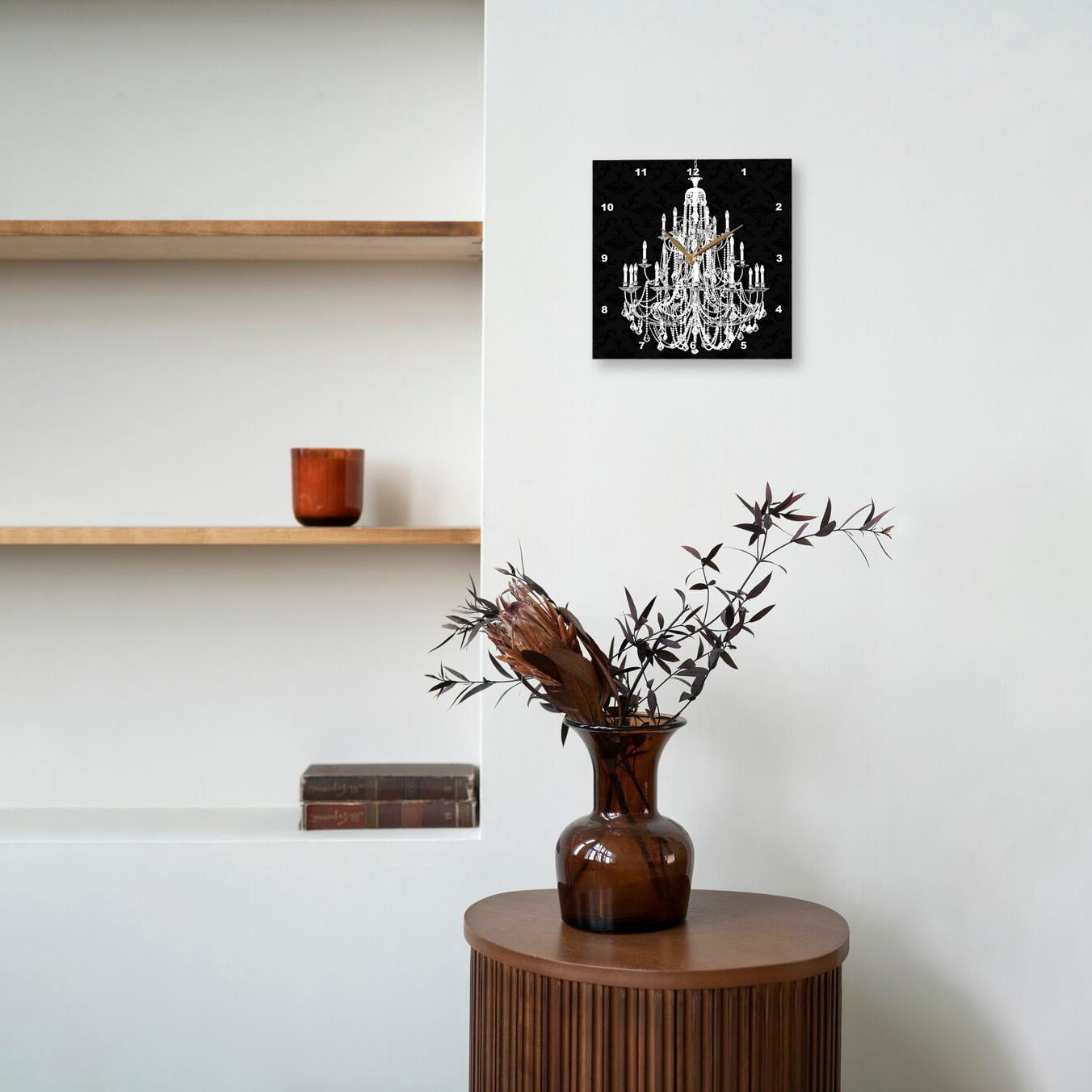 3dRose, Chic White Chandelier with Black damask, 13x13 Wall Clock