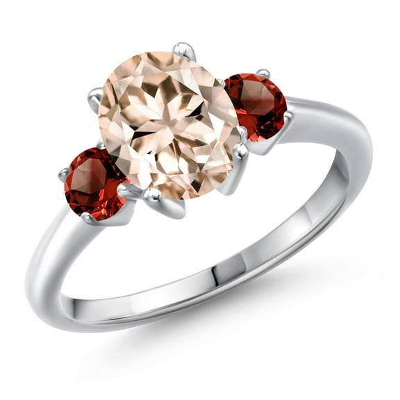 Gem Stone King 925 Sterling Silver Peach Morganite and Red Garnet Engagement Ring for Women | 2.34 Cttw | Oval 9X7MM | Gemstone October Birthstone | Size 9