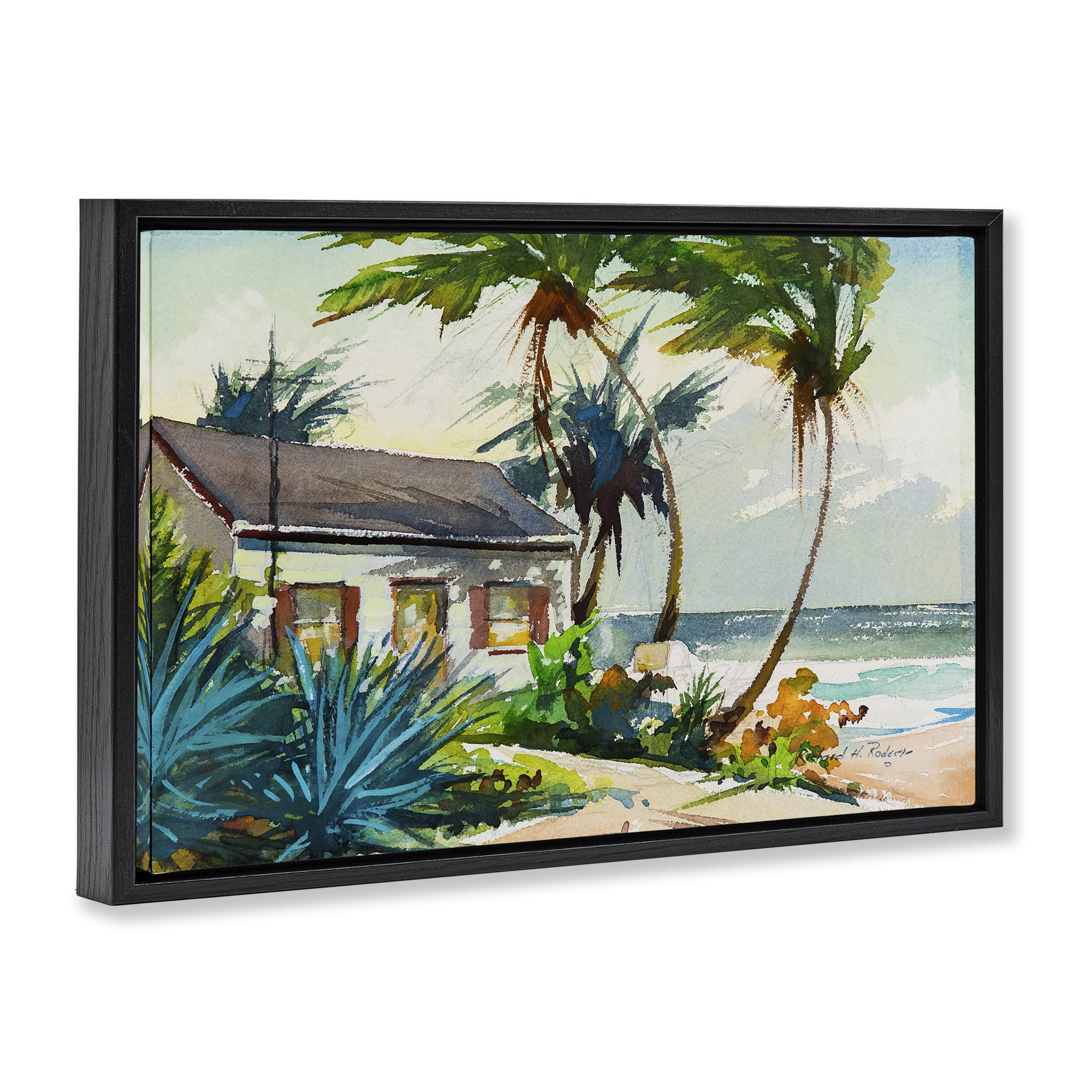 Stupell Industries Windswept Palms Cottage Landscape & Nature Painting Black Floater Framed Canvas Art Print Wall Art, 25 x 17