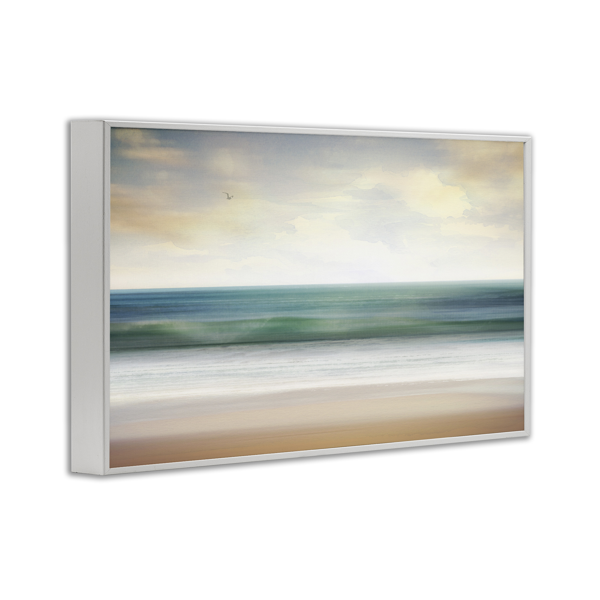 Stupell Industries Lone Seagull Over Beach Landscape Painting White Framed Art Print Wall Art, 30 x 20