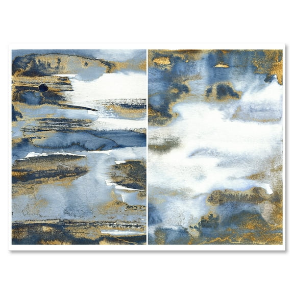 Designart ' Gold and Dark Blue Abstract Waves III ' Modern Canvas Wall Art Print