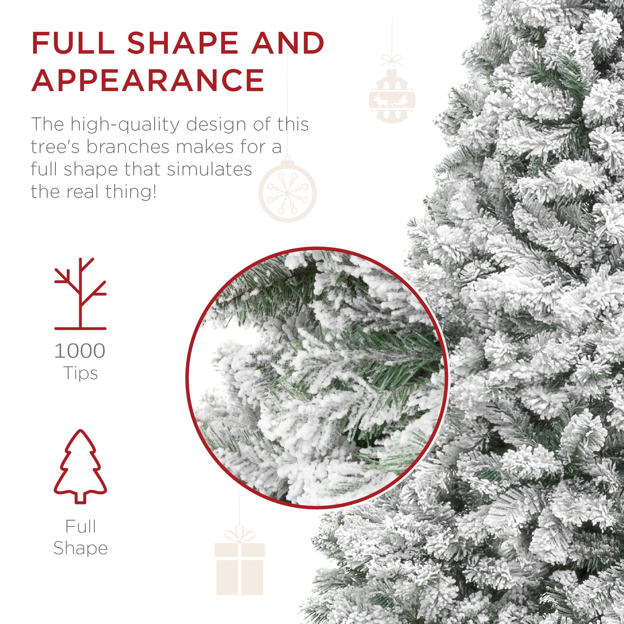 Fenbeli 6ft Artificial Snow Decorated Flocked Hinged Christmas Tree with Metal Stand, Indoor White