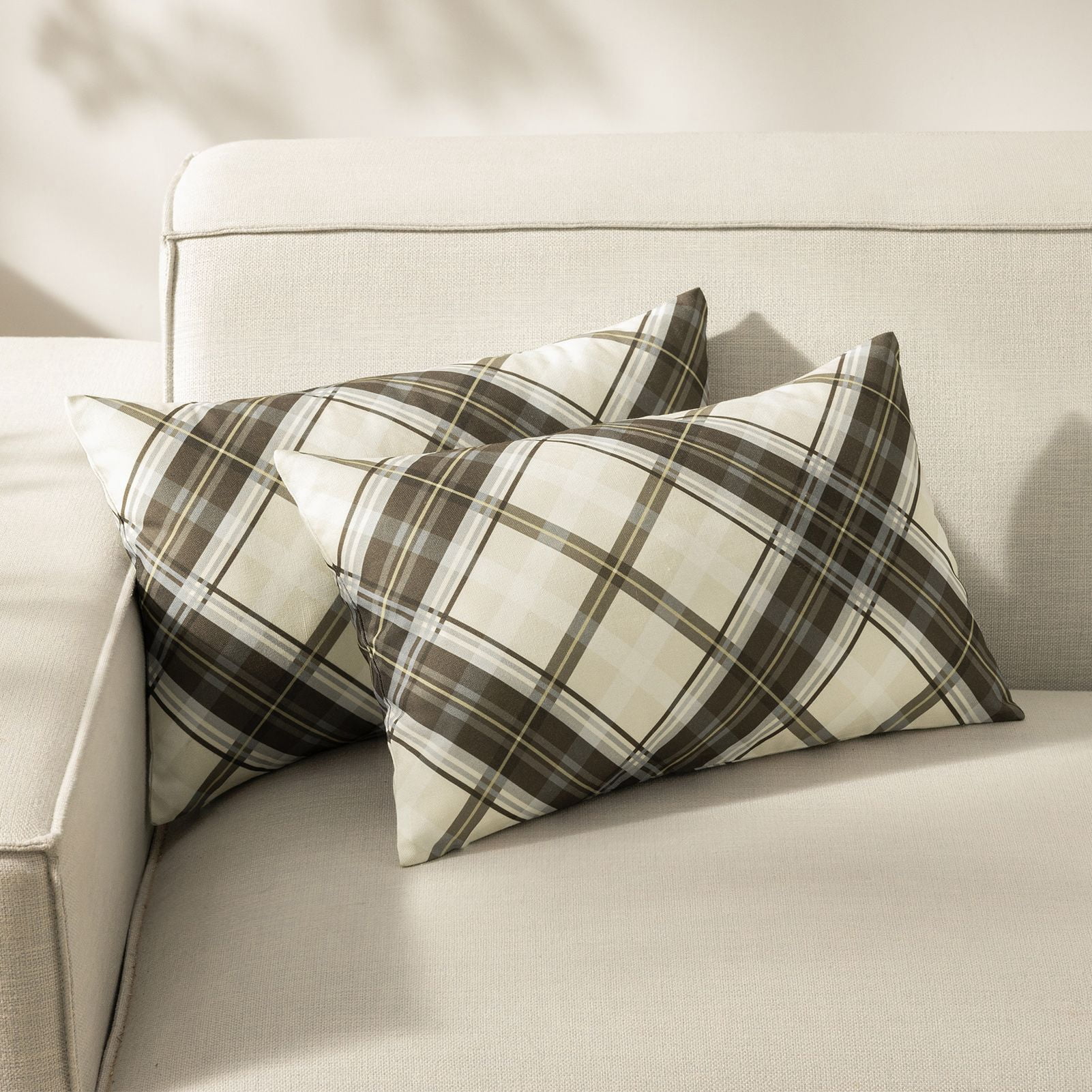 Phantoscope Buffalo Plaid Decorative Throw Pillows with Inserts, Double-Sided Printed Checkered Design, 12 x 20 in, Brown and Beige, 2 Pack