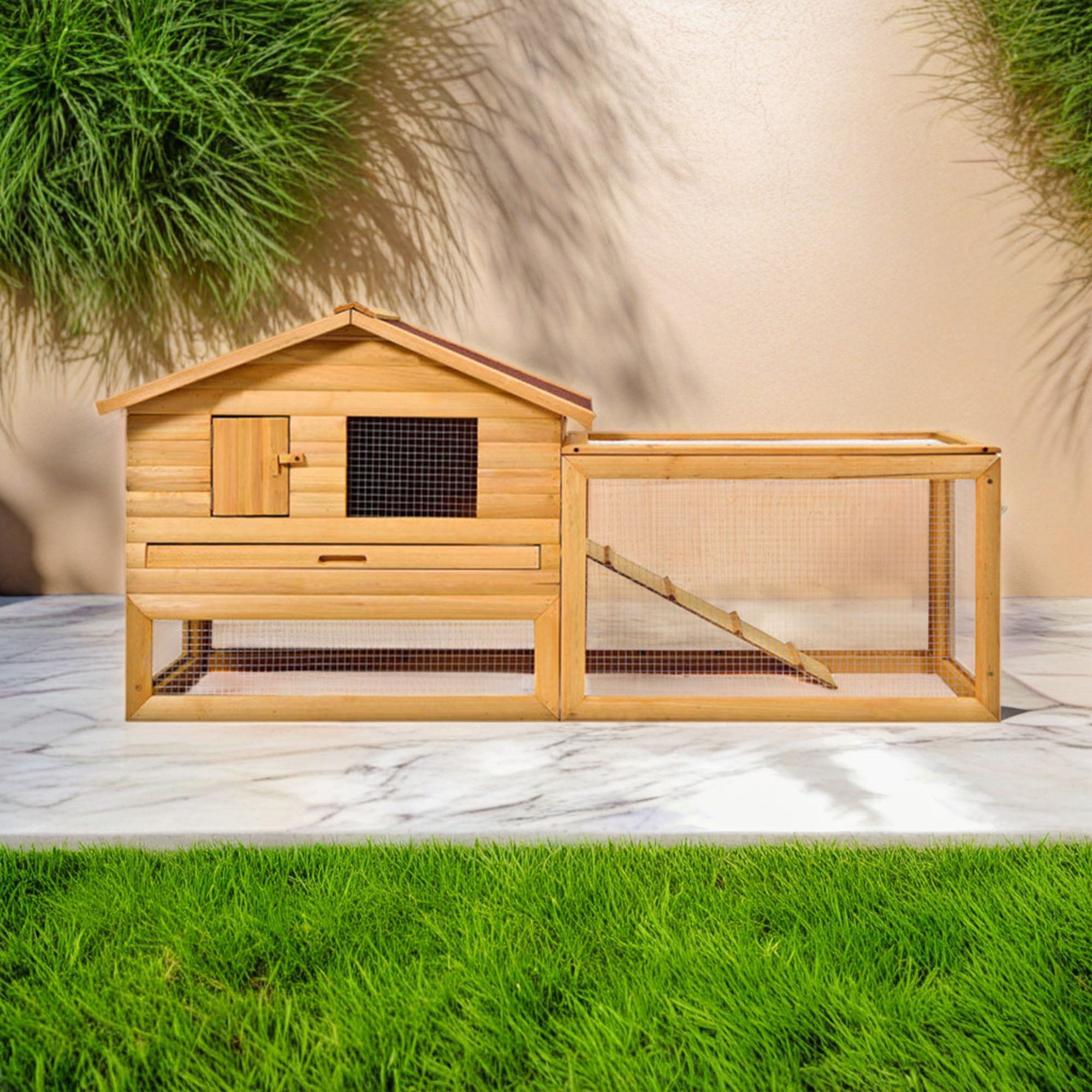 resenkos 62" Wood Outdoor Rabbit Hutch, Solid Firwood Hen House with Run, Pet Chicken Coop for Small Animals, Beige