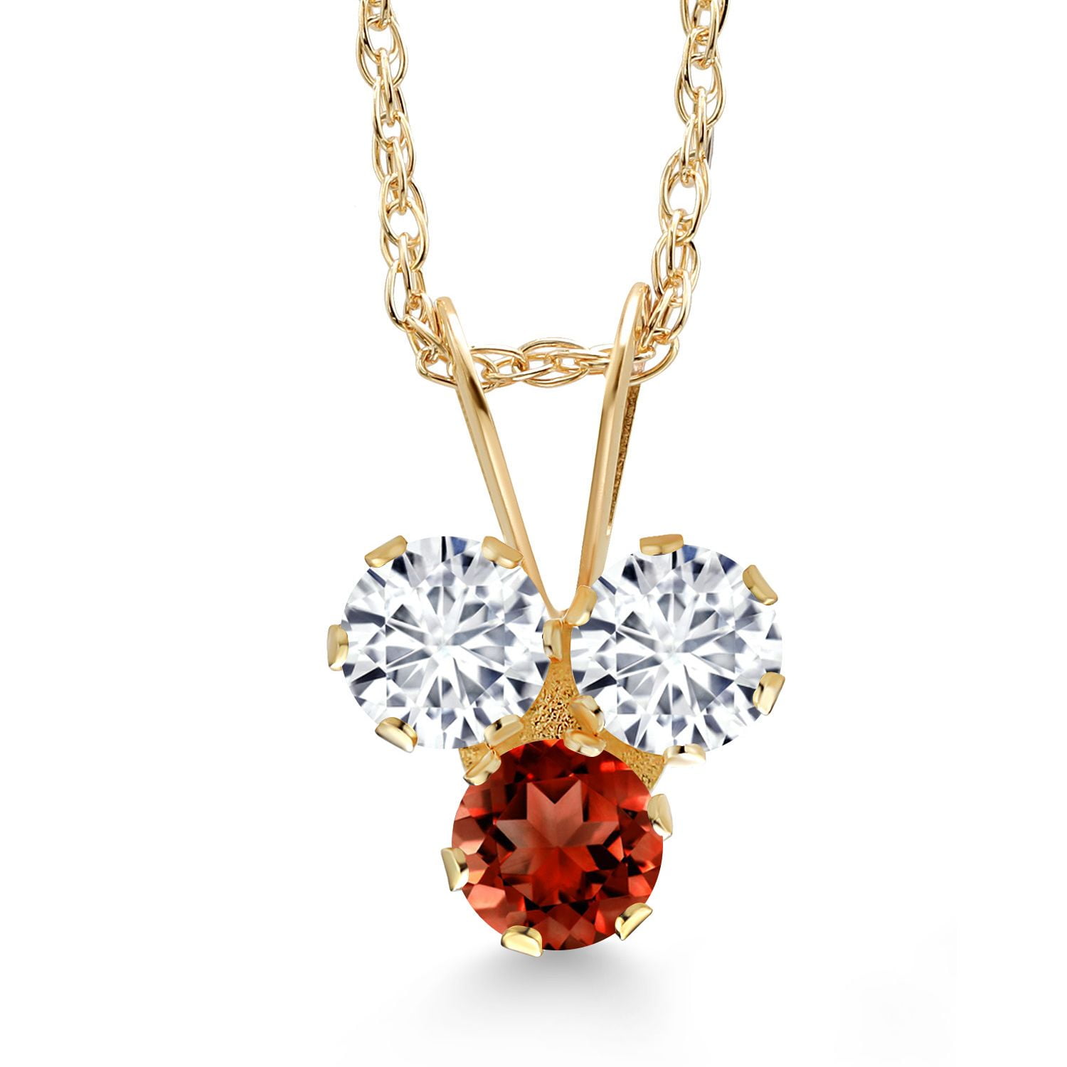 Gem Stone King 14K Yellow Gold White Lab Grown Diamond and Red Garnet 3-Stone Pendant Necklace for Women (0.35 Cttw, Gemstone April Birthstone, Round 3MM, 18 inch Chain)