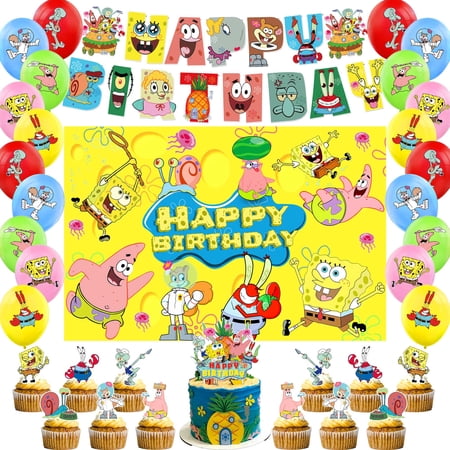 49PCS Spongebob Birthday Decorations, Spongebob Birthday Party Supplies Favors Include Banners, Backdrop, Balloons, Cupcake Toppers, Cake Topper for Kids