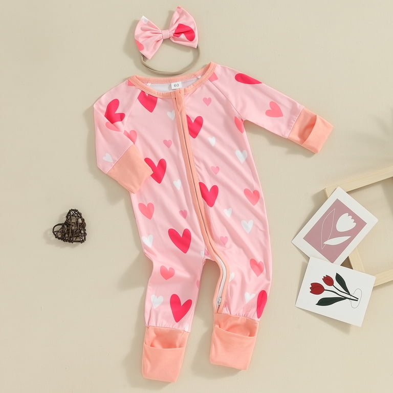 Baby Girl Heart-Print Romper With Headband - Long Sleeve One-Piece Outfit