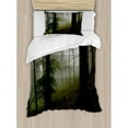 thumbnail image 3 of Forest Duvet Cover Set Queen Size, Mysterious Woods with Fog Wilderness Rural Untouched Vegetation Transylvania, Decorative 3 Piece Bedding Set with 2 Pillow Shams, White Green Brown, by Ambesonne, 3 of 3