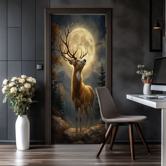Door Stickers Peel and Stick Door Mural Majestic Stag Rustic Moon Mystical Forest Landscape Removable Wallpaper 30.3''x78.7'' Self-Adhesive Mural for Kitchen Living Room Bedroom Decor