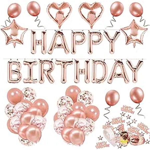 Girl's Birthday Decoration, Rose Gold Birthday Balloons with Happy Birthday Banner, Confetti Balloons, Rose Gold Balloons for Girls Birthday Decorations
