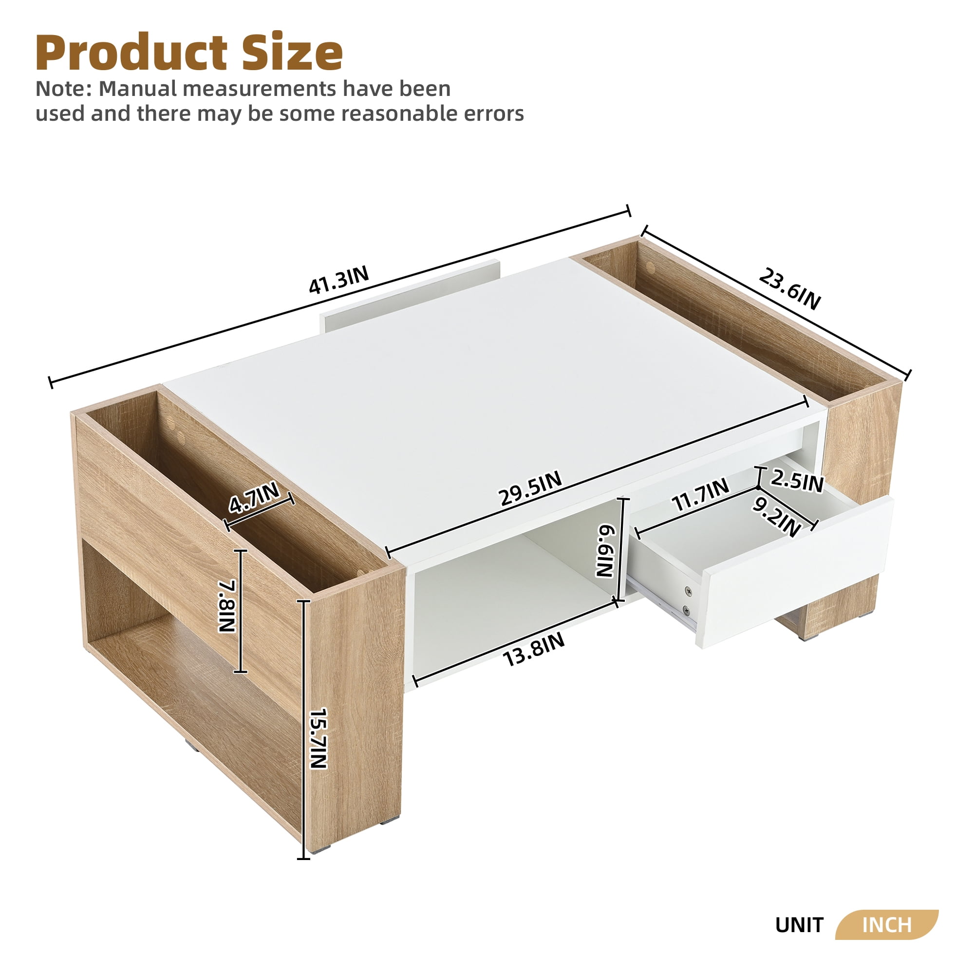 MAYEERTY High Glossy Coffee Table with 2 Drawers & Open Storage Shelf, Two-Tone Rectangle Center Table with Hidden Compartments, Modern Cocktail Table for Living Room, Bedroom, White, 41.3 x 23.6"