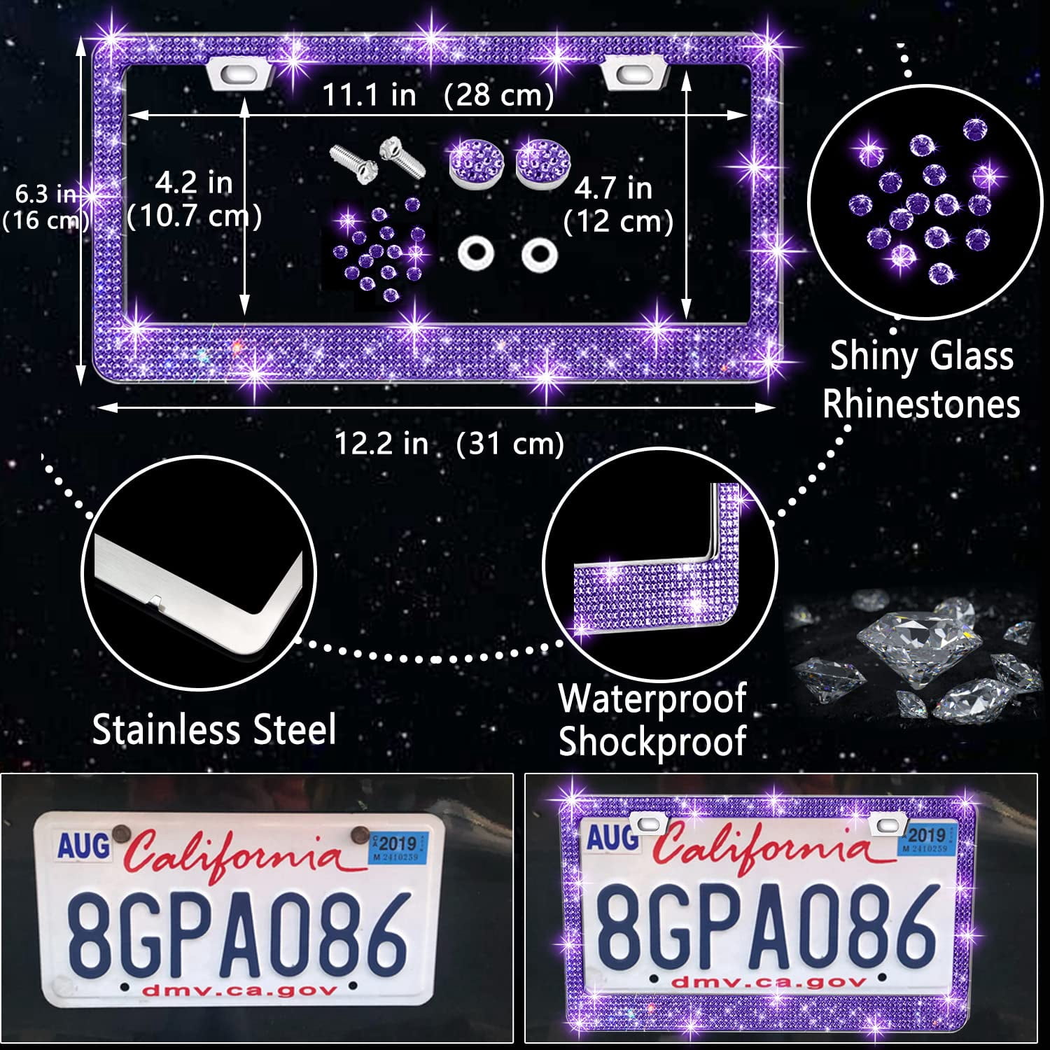 Chasenew 27 PCs Red Bling Car Accessories Set for Women, Steering Wheel Covers Universal Fit 15 Inch, Bling License Plate Frame, Bling Phone Holder, Bling Car Coasters (Red Diamond)
