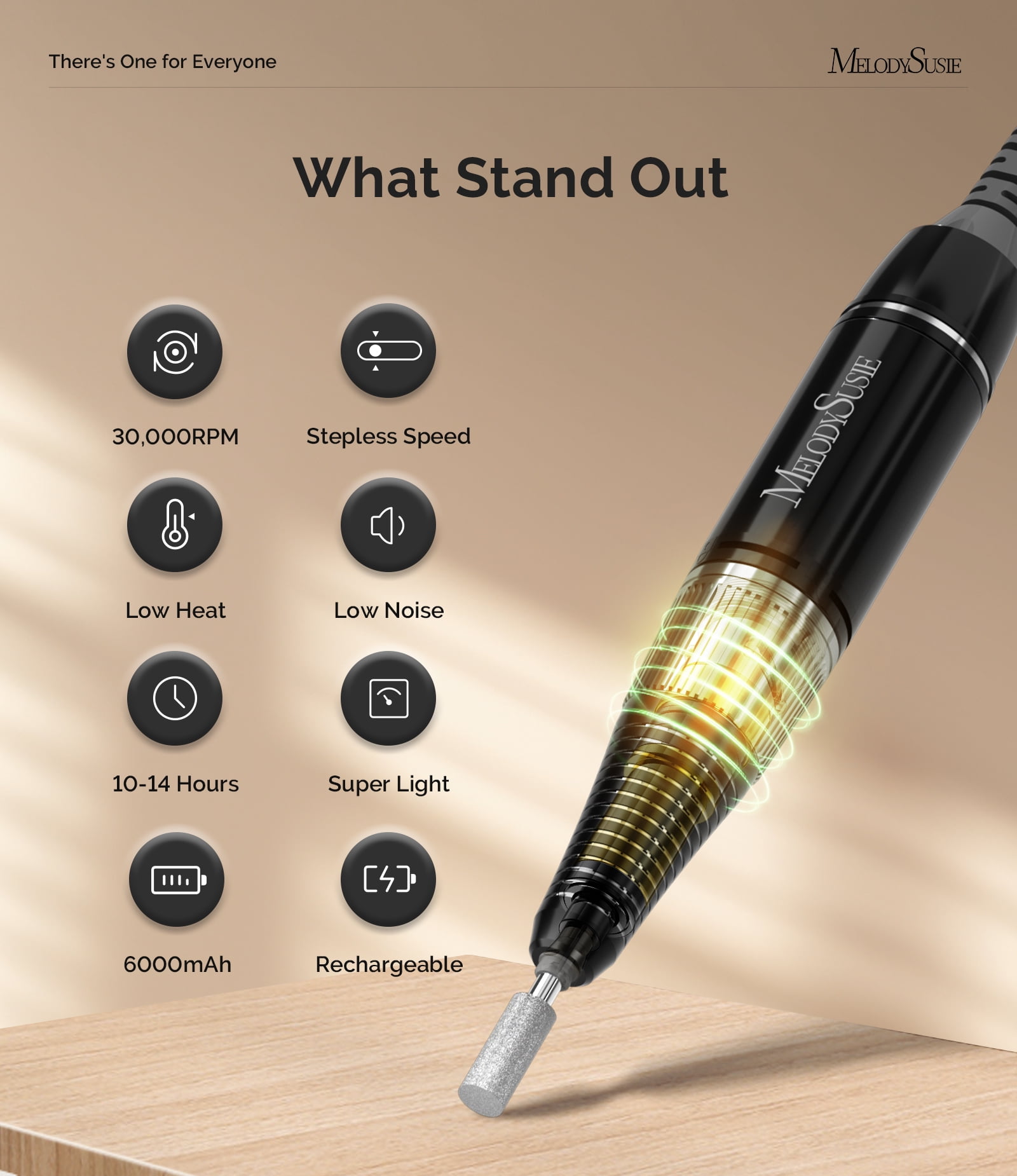 MelodySusie Professional Electric Nail Drill, 30000 RPM Portable Rechargeable Nail File for Acrylic Gel Polishing Manicure with Bits, SC320H-Black
