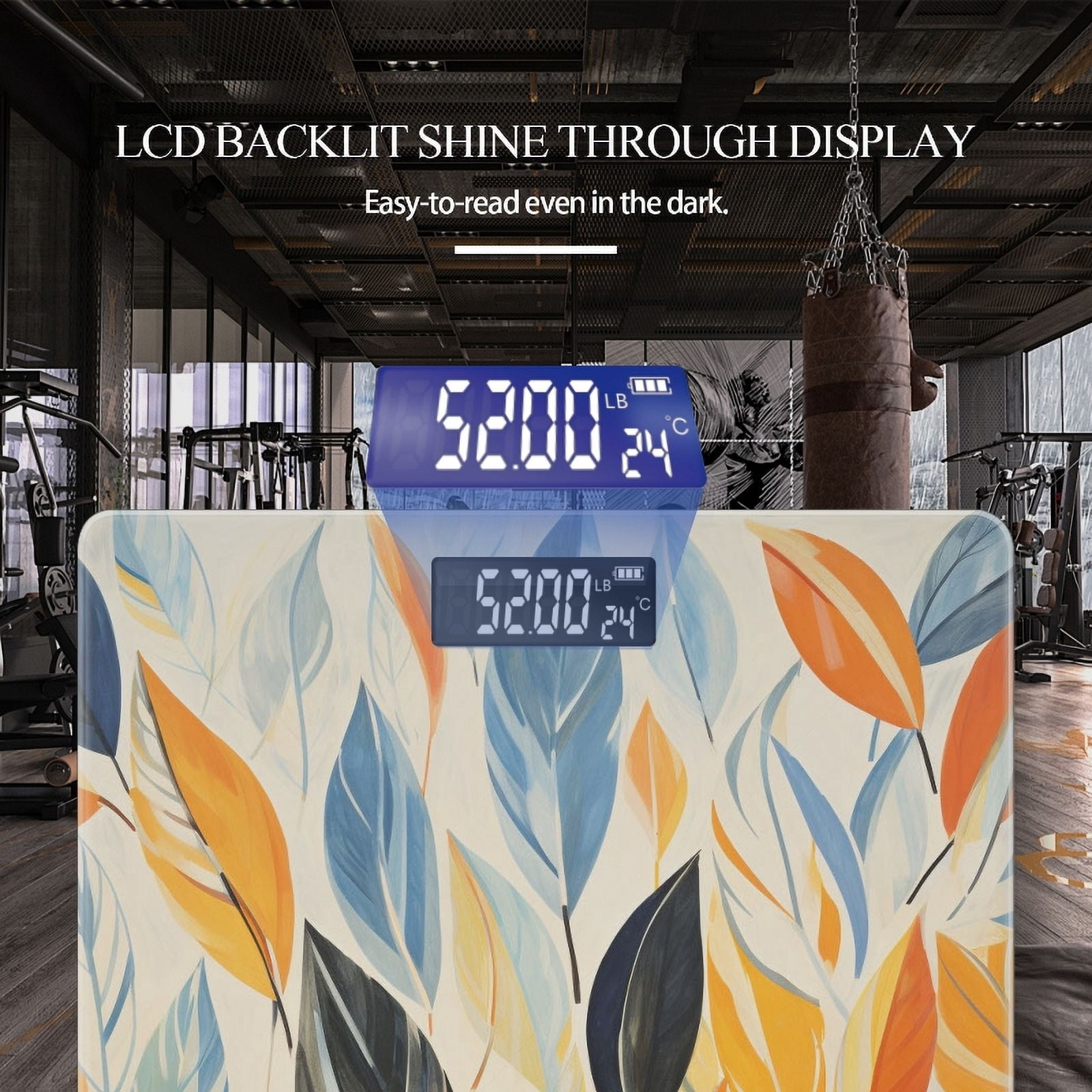 High Precision Body Weight Scale Smart Bathroom Scales with Large LCD Display(400lbs),Decorative for Bedroom-Leaves In Orange And Blue On White Background