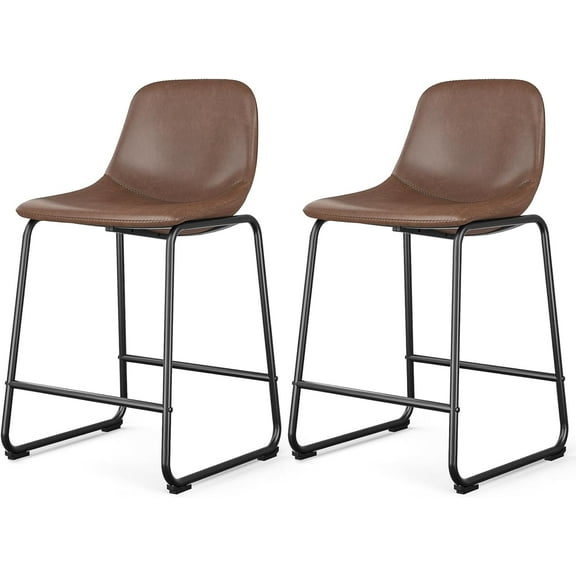 Rfiver Pu Faux Leather Bar Stools Set of 2, Industrial Pub Barstools with Back and Footrest, Modern Armless Bar Height Stool Chairs (Brown, 24" Counter Chair x2)