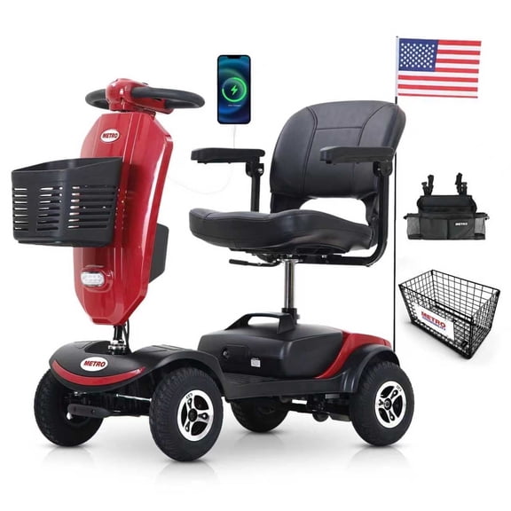 Secure Adjustable, Foldable 4-Wheel Mobility Scooter with Charger & USB Ports, Red, 350 lb Limit