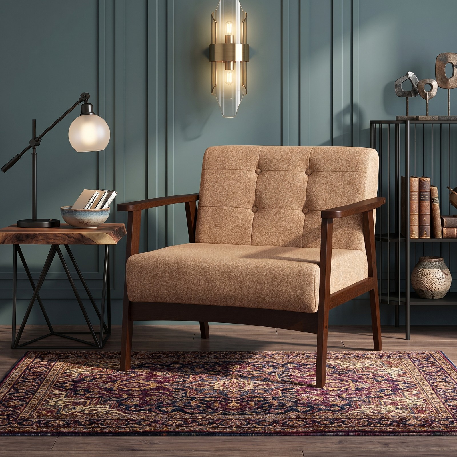 Furnibear Upholstered Accent Chair, Mid-Century Rubber Wood Armchair with Linen Padded Seat and Button-Tufted Backrest for Living Room Bedroom Reading Nook, 330, Beige